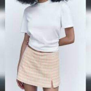 NWT Zara Pink Textured Tweed High Waist Mini Skort